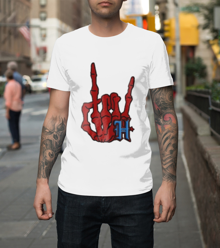 Red Skeleton Hand Sign With Blue H T-Shirt