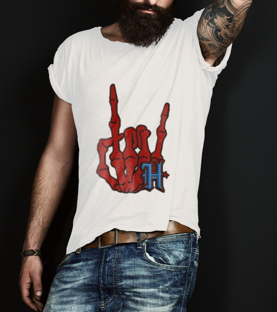 Red Skeleton Hand Sign With Blue H T-Shirt