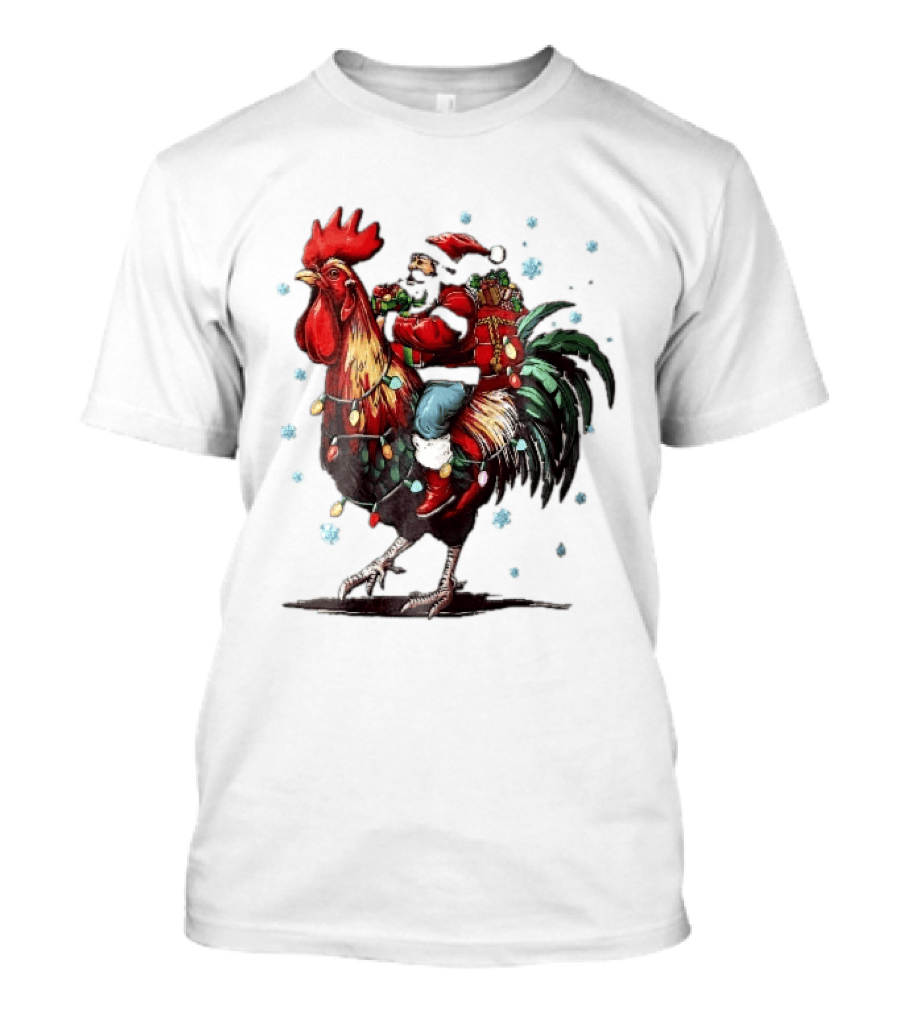 Caricature Santa Riding Rooster With Christmas Presents And Snowflakes T-Shirt
