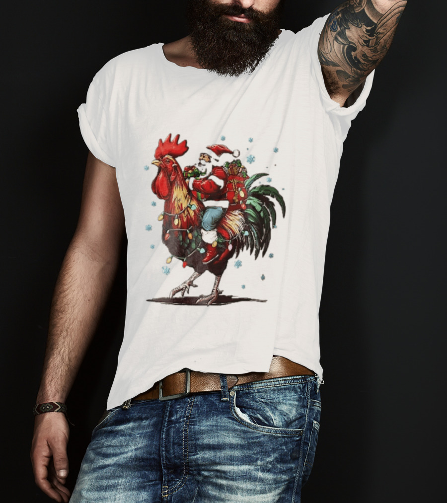 Caricature Santa Riding Rooster With Christmas Presents And Snowflakes T-Shirt