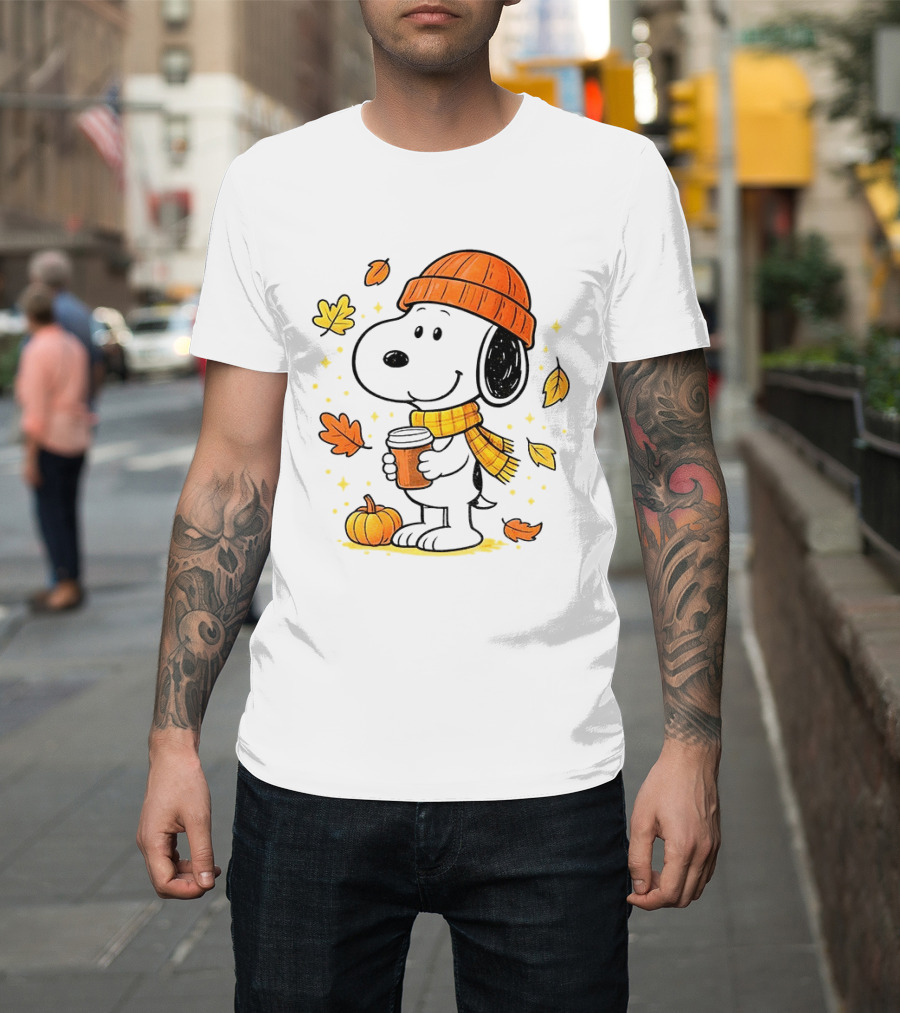 Snoopy Fall Autumn Coffee Pumpkin Leaves Warm Scarf Beanie Hat T-Shirt