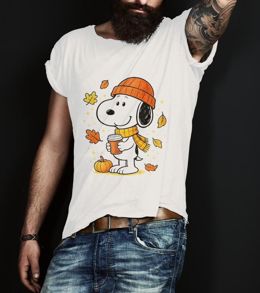 Snoopy Fall Autumn Coffee Pumpkin Leaves Warm Scarf Beanie Hat T-Shirt
