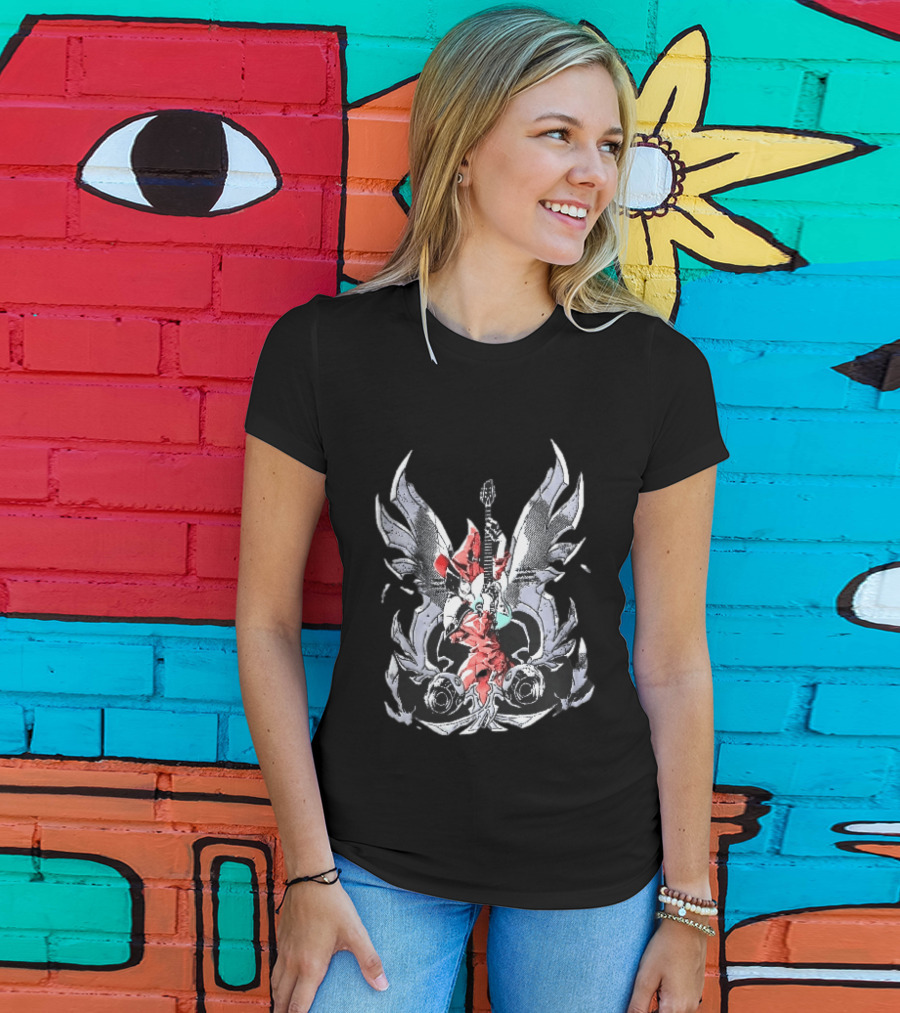 Anime Girl With Wings Holding Guitar Angelic Rock Star Fantasy T-Shirt