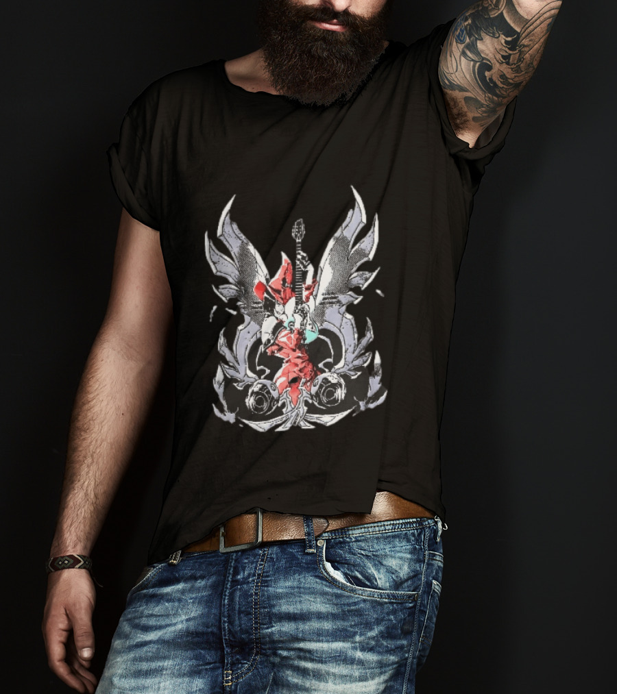 Anime Girl With Wings Holding Guitar Angelic Rock Star Fantasy T-Shirt