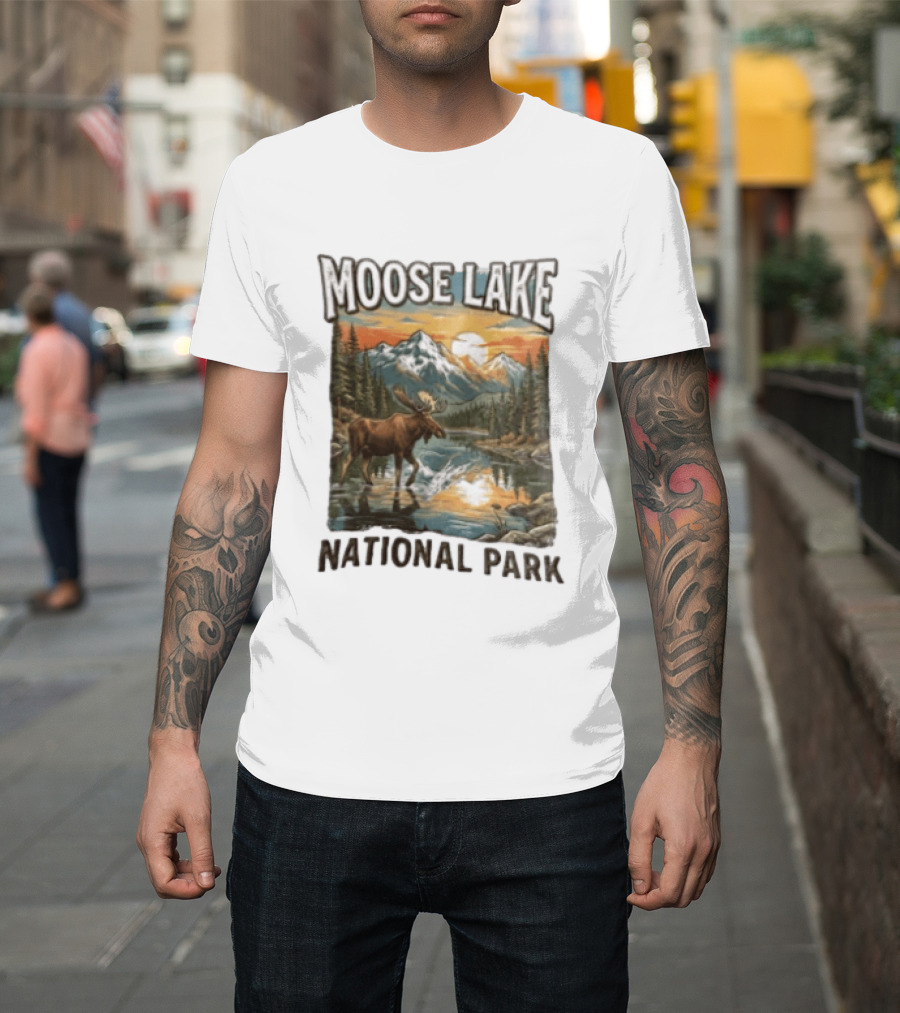 Moose Lake National Park Moose In Water Scenic Mountain Landscape T-Shirt
