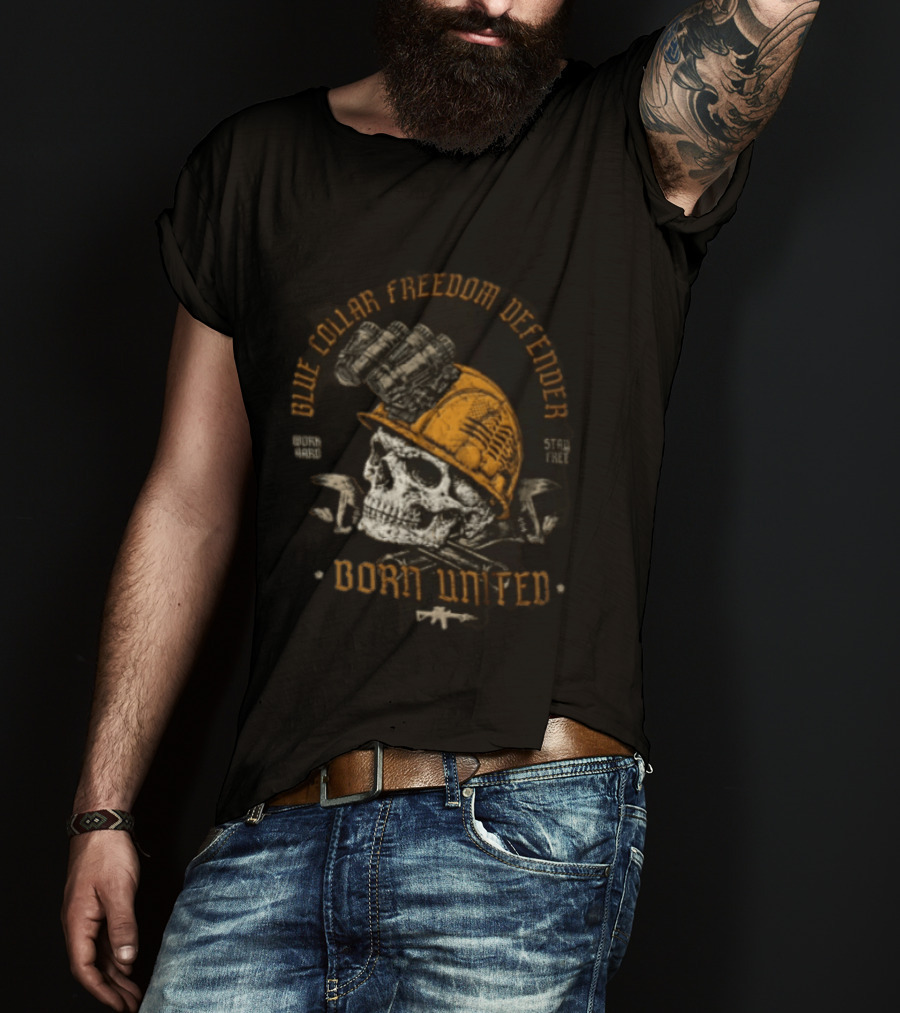 Blue Collar Freedom Defender Born United Stay Free Skull Helmet T-Shirt