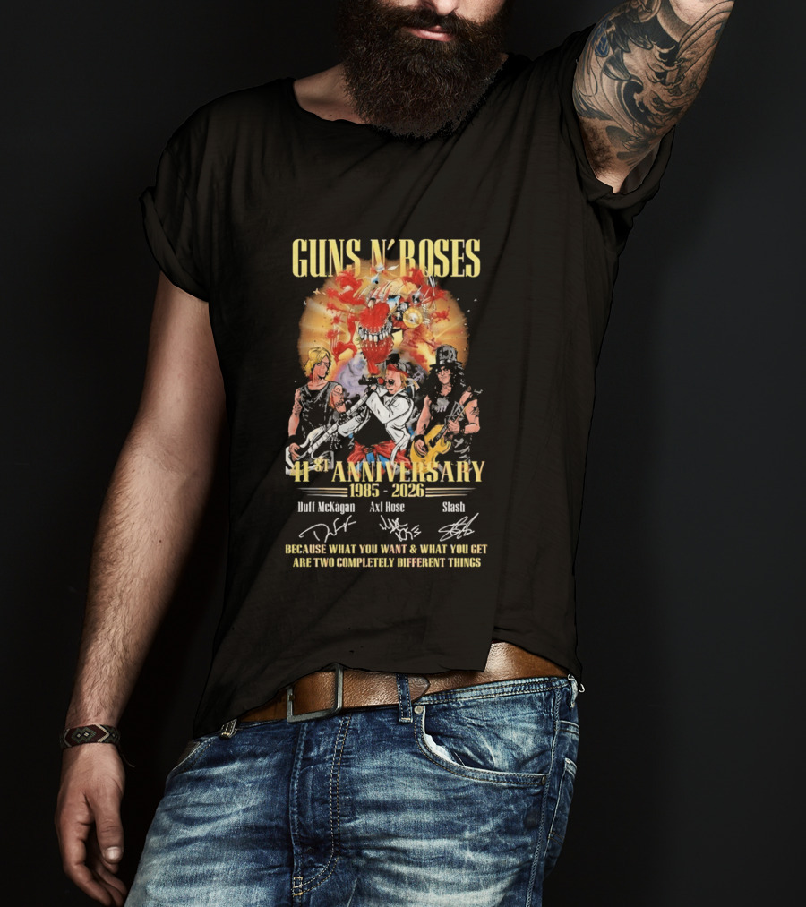 Guns N' Roses 41st Anniversary 1985 2026 Duff McKagan Axl Rose Slash Signatures T-Shirt