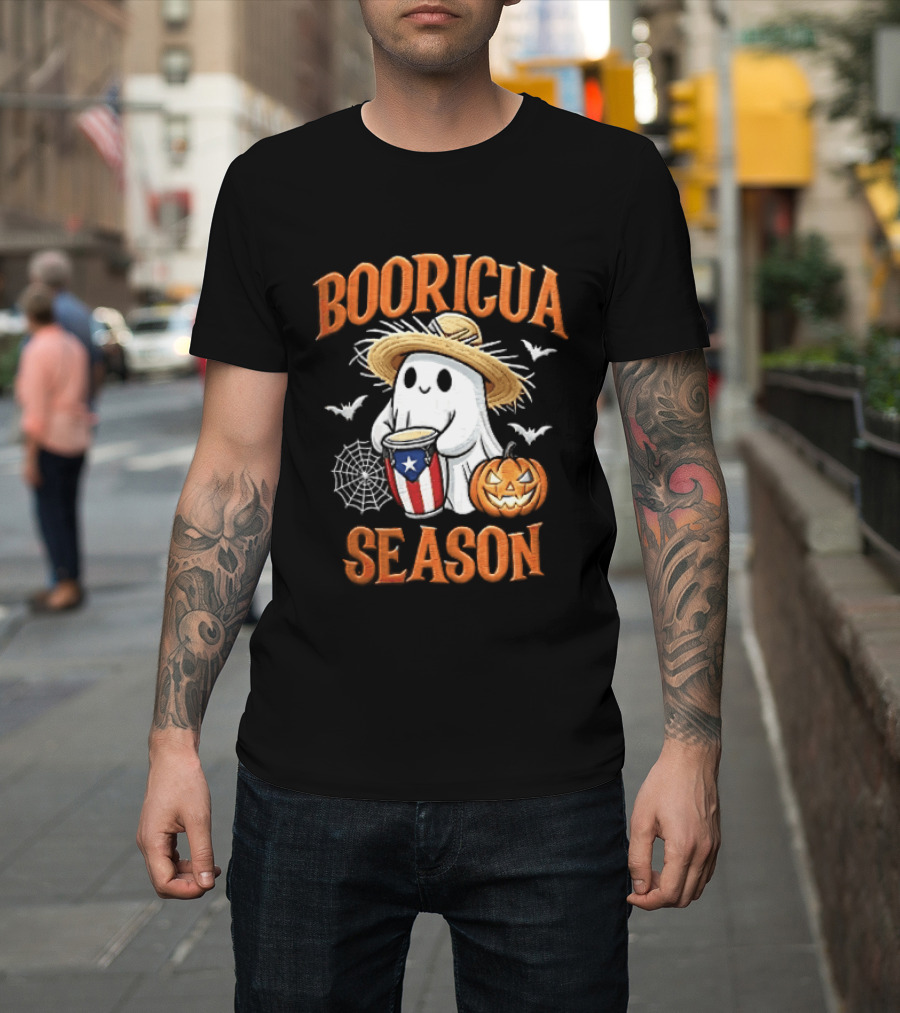 Booricua Season Ghost With Puerto Rico Flag Conga And Pumpkin T-Shirt