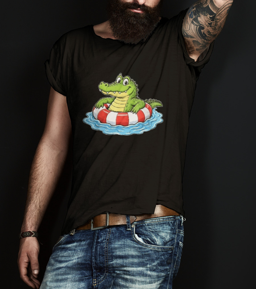 Cartoon Crocodile Relaxing In Red And White Life Buoy On Water T-Shirt