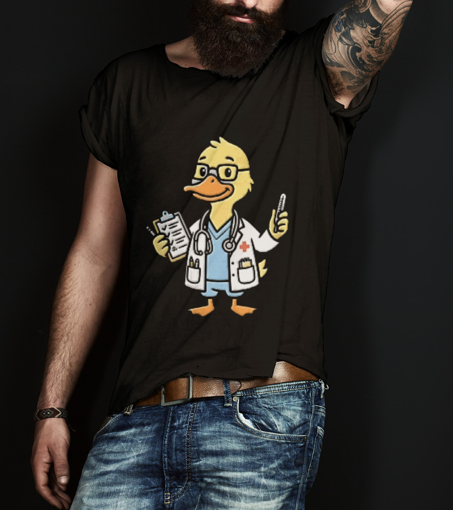 Cartoon Yellow Duck Doctor With Stethoscope Thermometer And Clipboard T-Shirt