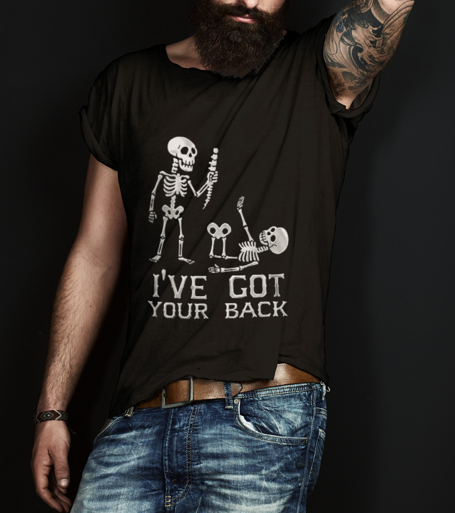 I've Got Your Back Skeleton Humor Holding Spine Over Fallen Body T-Shirt