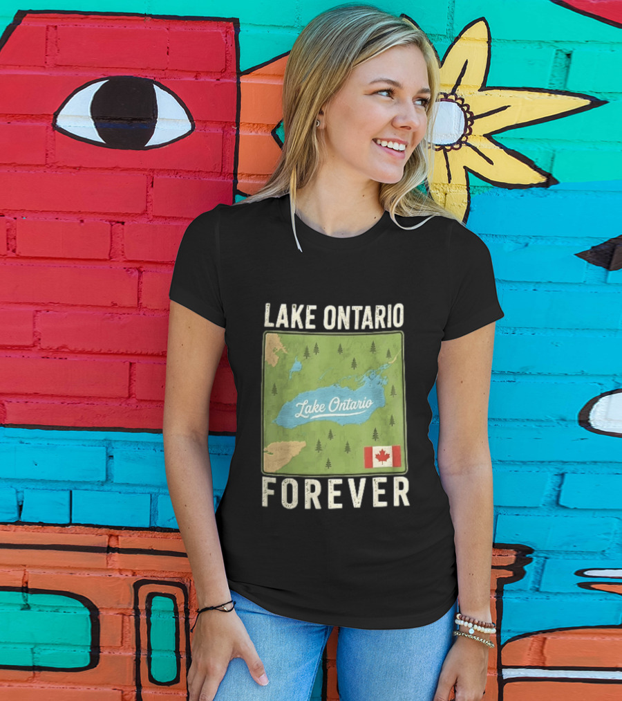 Lake Ontario Forever Distressed Map With Canadian Flag And Pine Trees T-Shirt