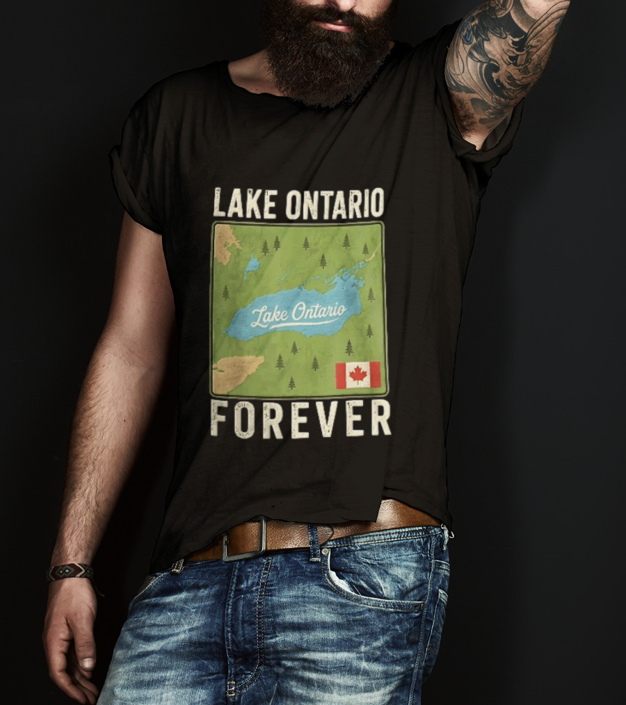 Lake Ontario Forever Distressed Map With Canadian Flag And Pine Trees T-Shirt