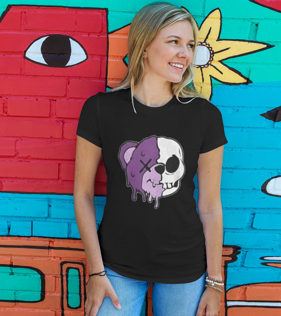Dripping Purple Teddy Bear Skull Split Face Cartoon T-Shirt
