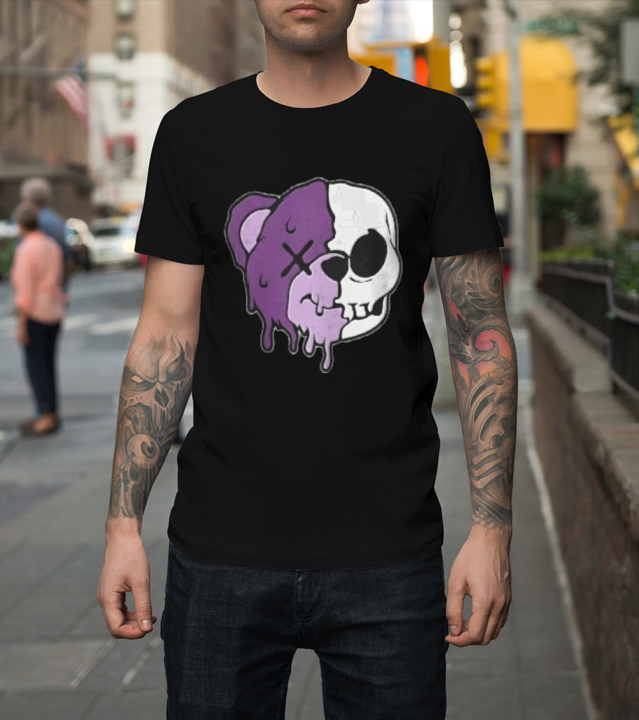 Dripping Purple Teddy Bear Skull Split Face Cartoon T-Shirt