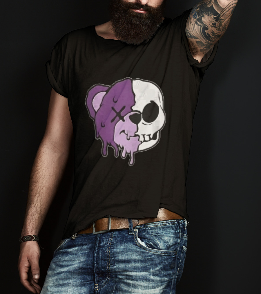 Dripping Purple Teddy Bear Skull Split Face Cartoon T-Shirt