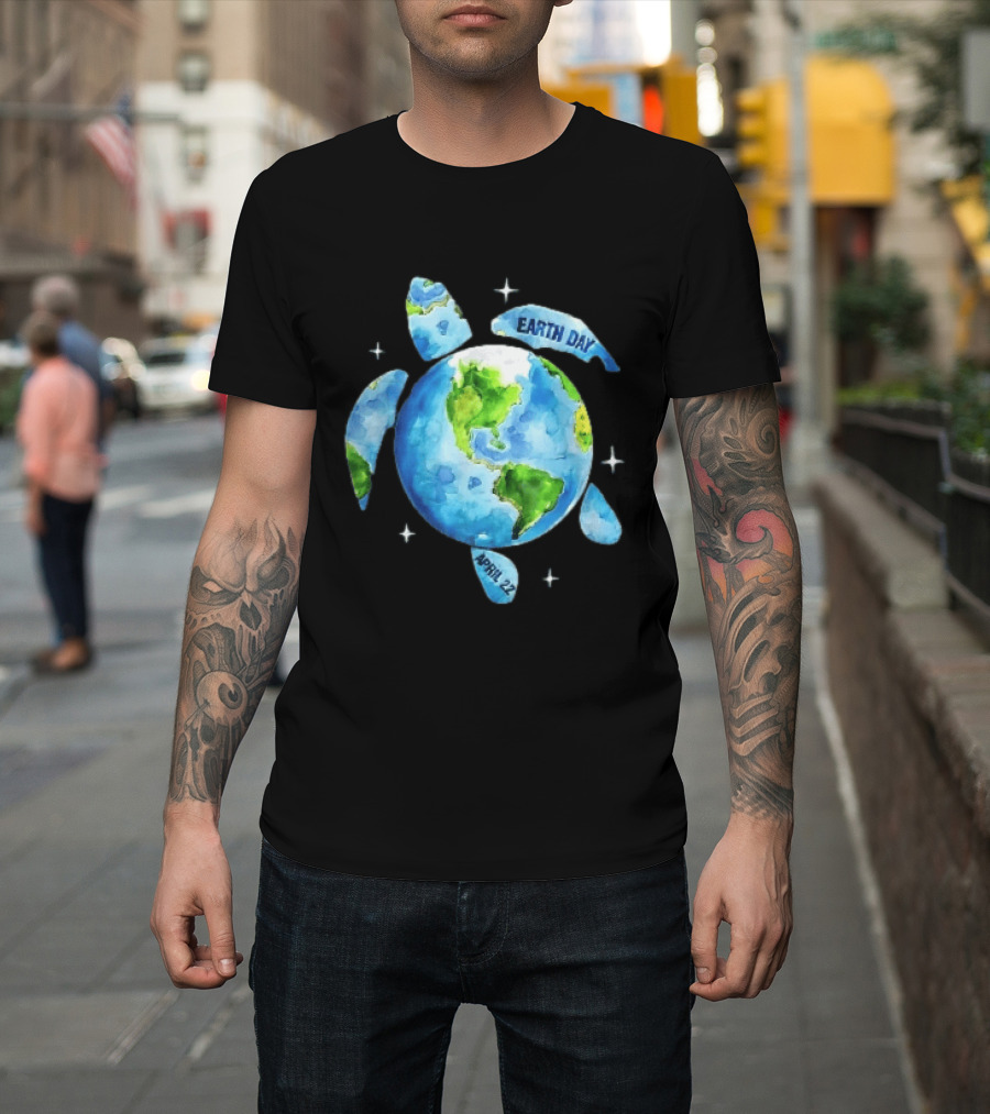 Earth Day April 22 Watercolor Globe Sea Turtle Outer Space T-Shirt