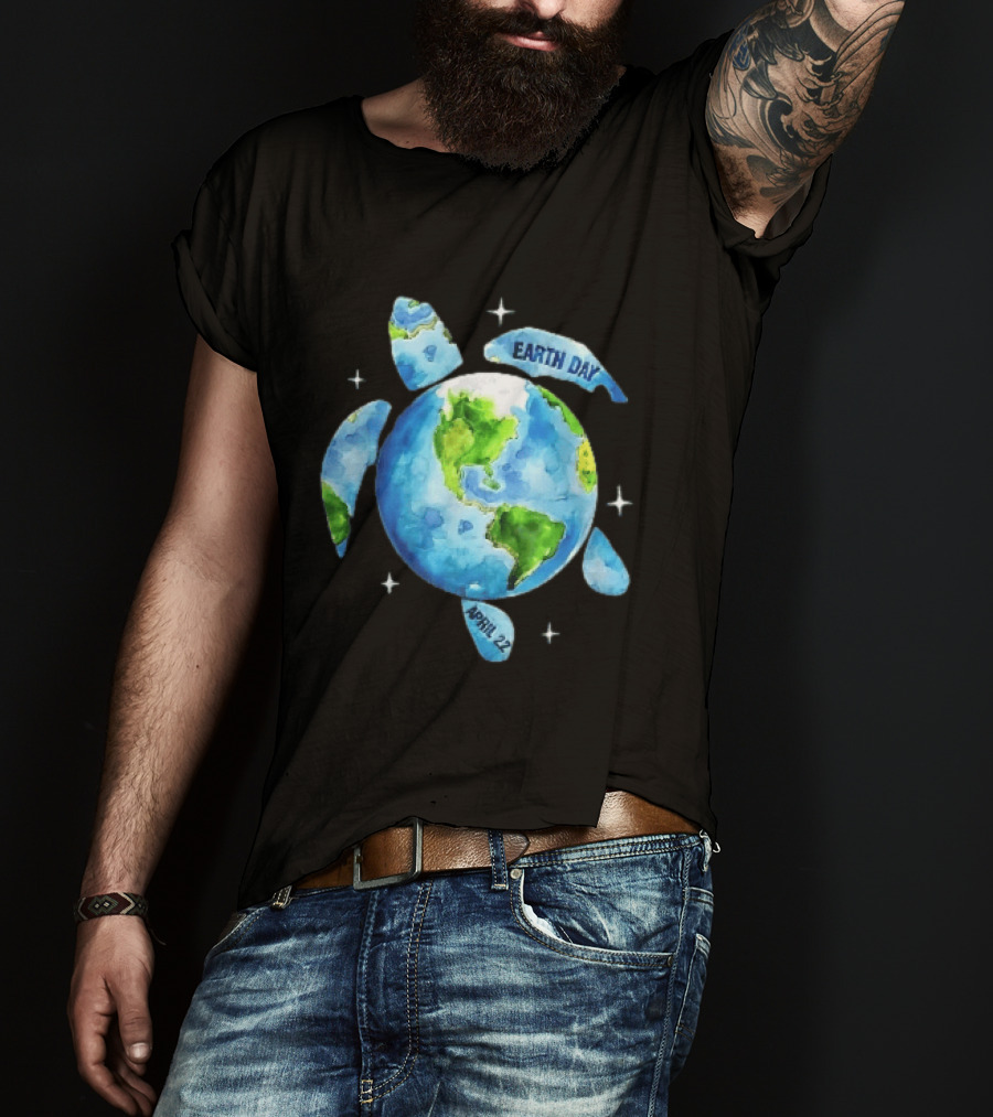Earth Day April 22 Watercolor Globe Sea Turtle Outer Space T-Shirt