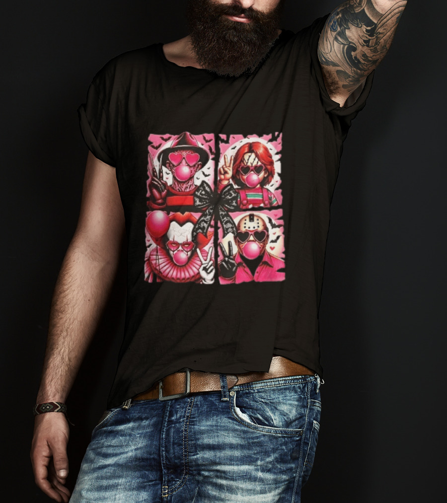 Heart Sunglasses Bubblegum Horror Villains With Peace Signs And Lace Bow T-Shirt