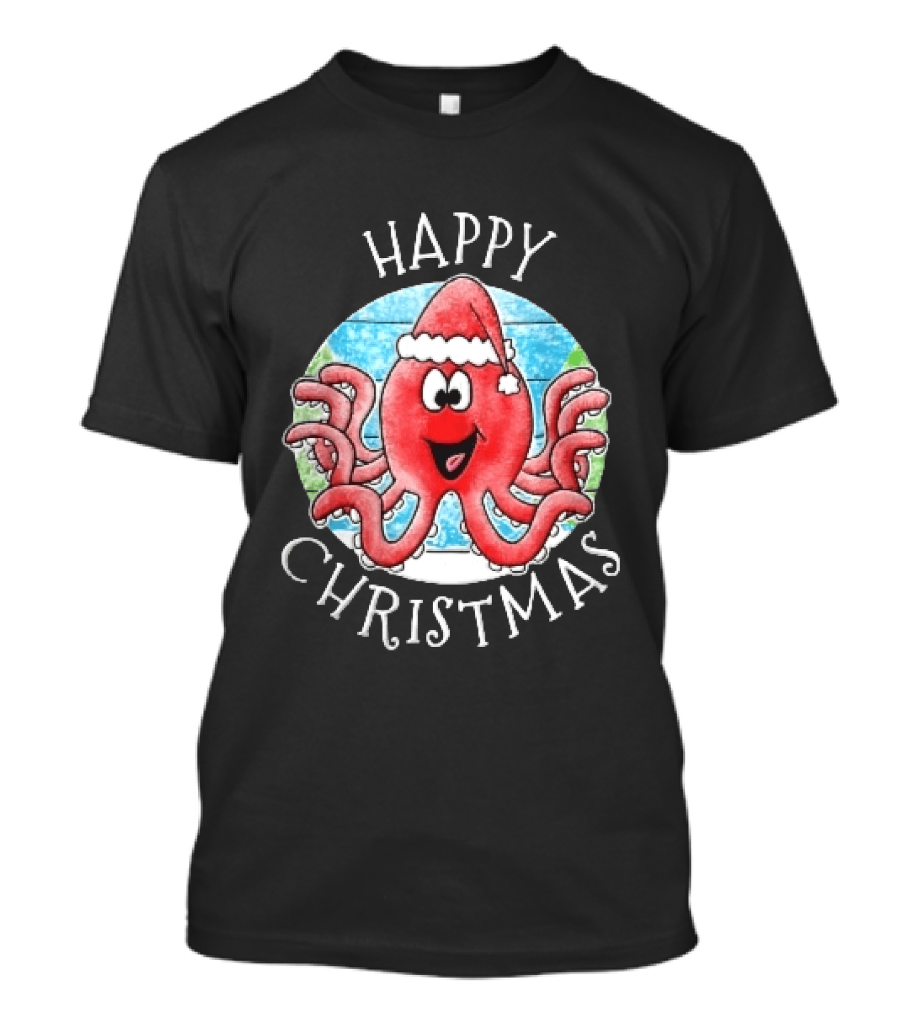Happy Christmas Red Octopus Santa Hat Ocean Scene T-Shirt