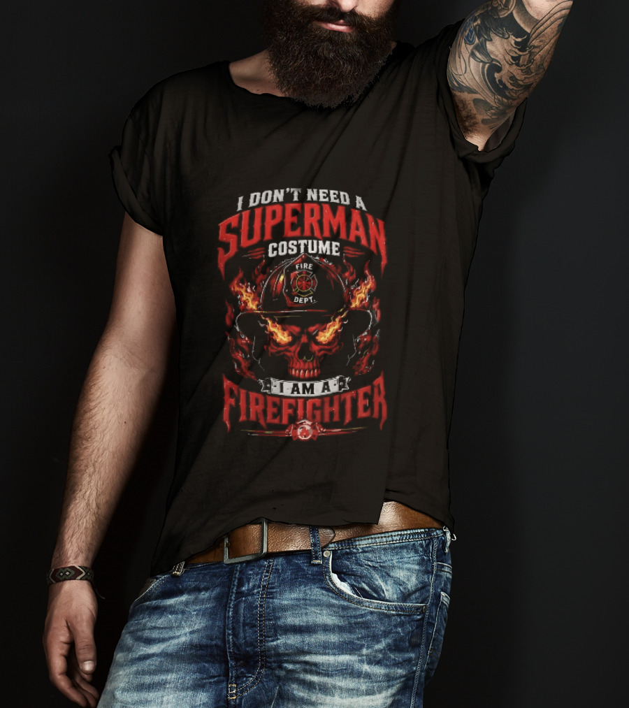 I Dont Need A Superman Costume Am Firefighter Flaming Skull Helmet Fire Dept Orange Flames T-Shirt