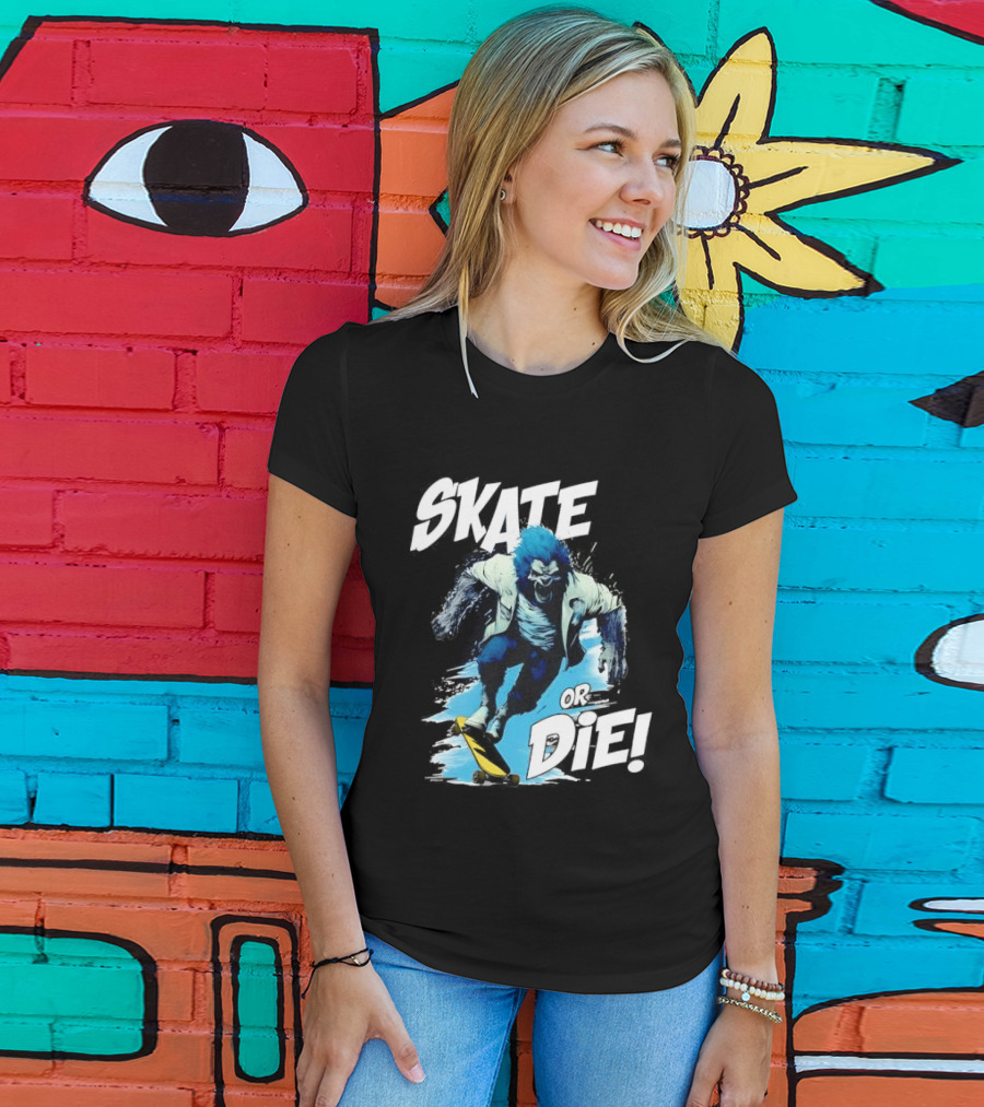 Skate Or Die Wolfy Classic Blue Werewolf Skateboarding T-Shirt
