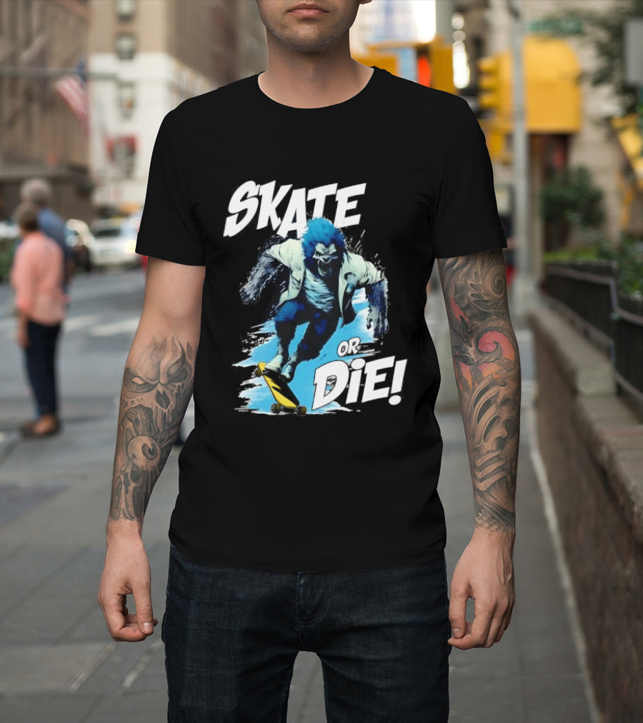 Skate Or Die Wolfy Classic Blue Werewolf Skateboarding T-Shirt