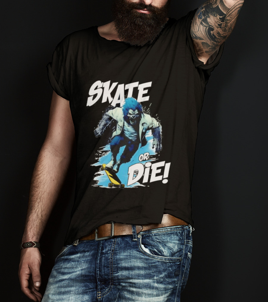 Skate Or Die Wolfy Classic Blue Werewolf Skateboarding T-Shirt