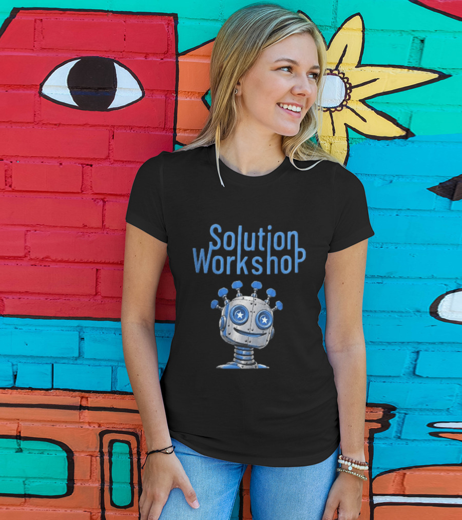 Solution Workshop Cartoon Metallic Robot Head With Star Eyes And Guitar Tuning Pegs T-Shirt