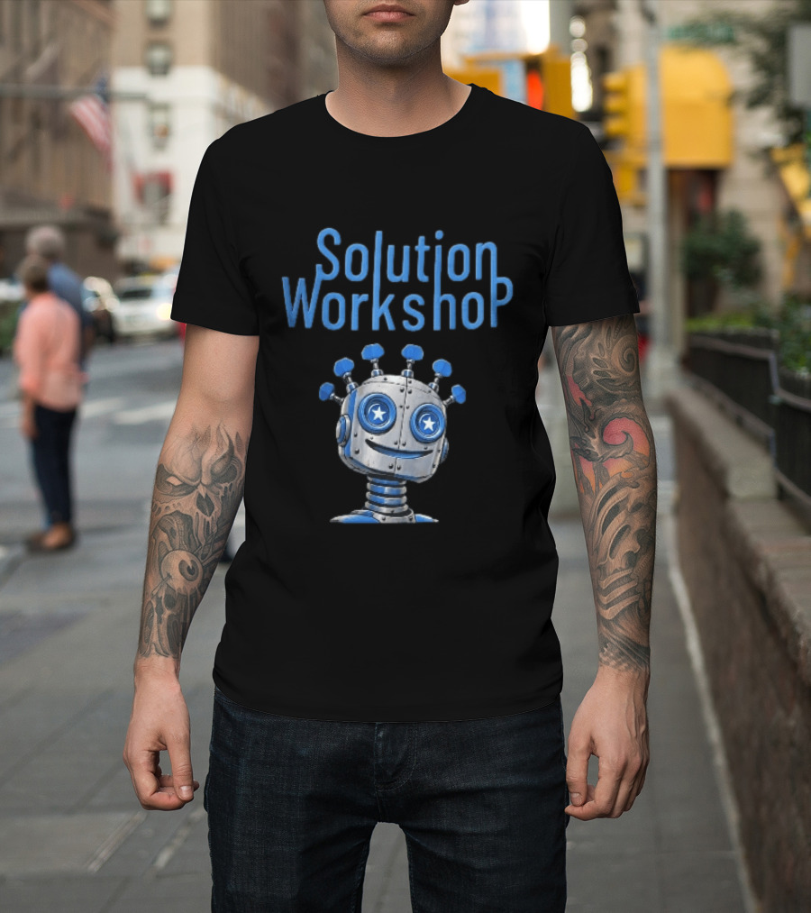 Solution Workshop Cartoon Metallic Robot Head With Star Eyes And Guitar Tuning Pegs T-Shirt