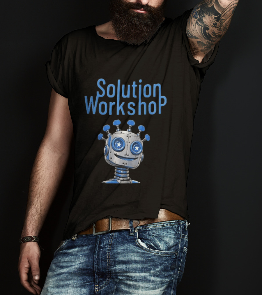 Solution Workshop Cartoon Metallic Robot Head With Star Eyes And Guitar Tuning Pegs T-Shirt