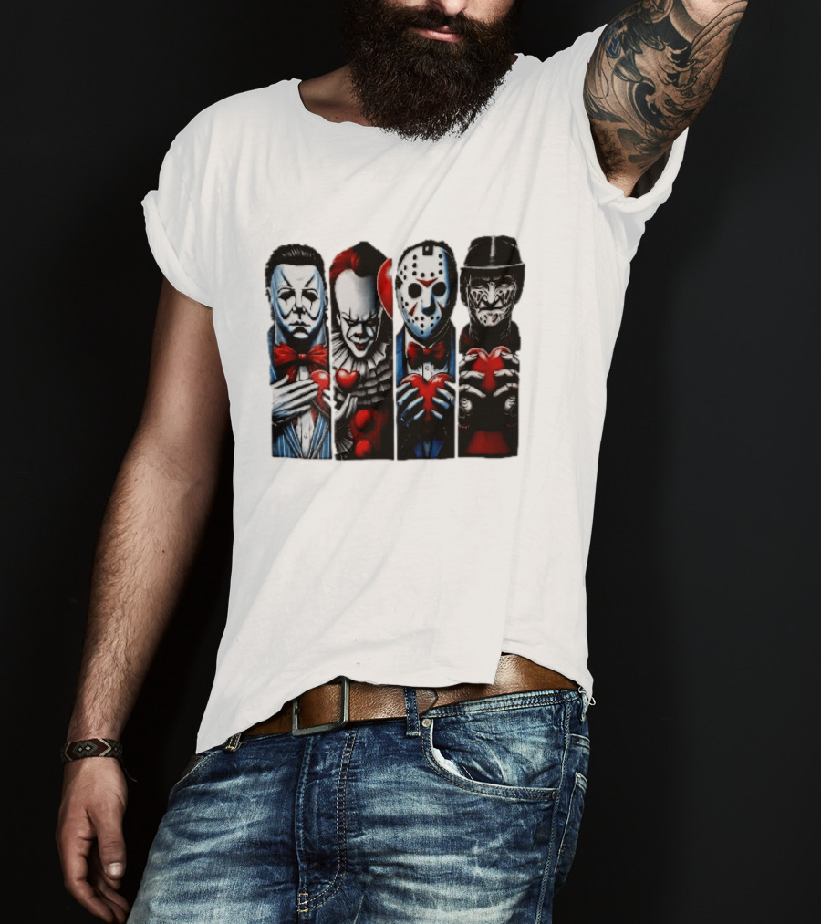 Classic Horror Villains With Red Valentine Hearts T-Shirt