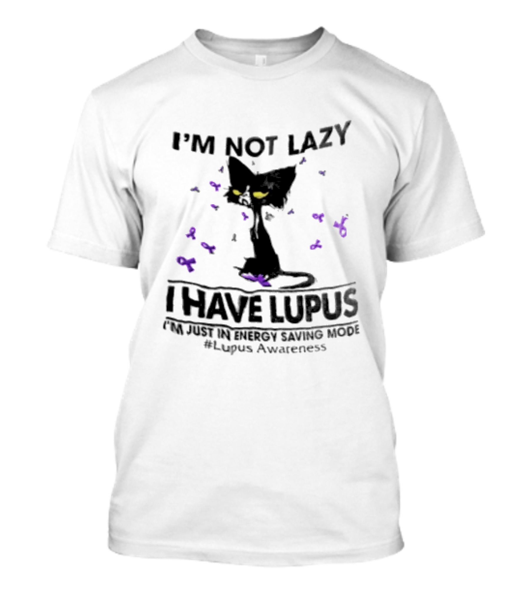 I'm Not Lazy I Have Lupus Energy Saving Mode Lupus Awareness Cat With Purple Ribbons T-Shirt