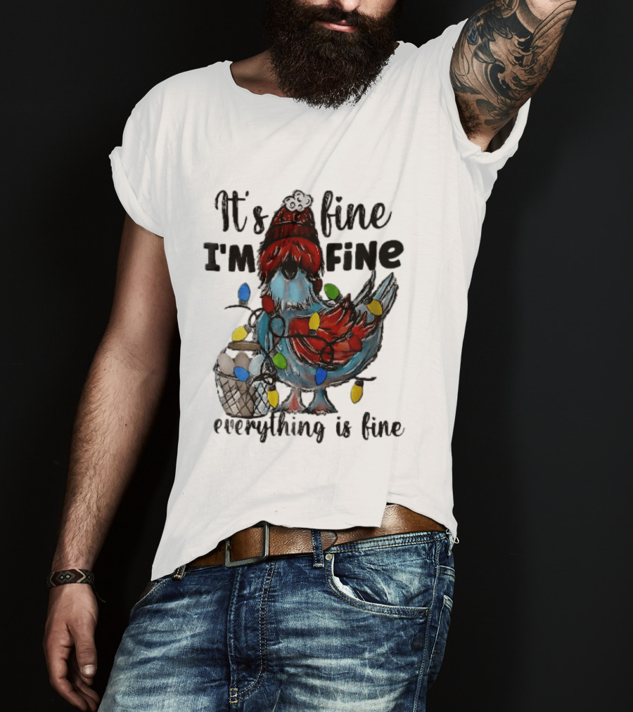 It's Fine I'm Fine Everything Is Fine Cartoon Chicken Tangled Christmas Lights T-Shirt