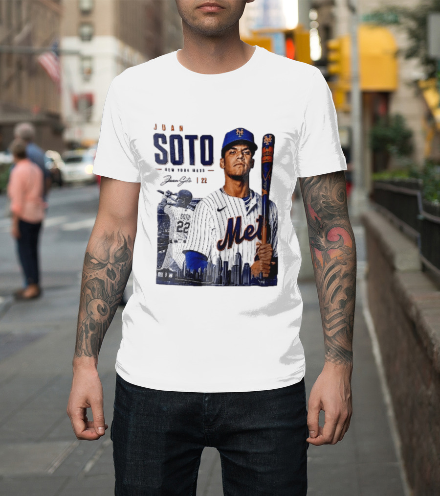 Juan Soto New York Mets MLB 22 Player Batting Skyline Collage T-Shirt