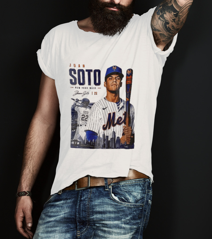 Juan Soto New York Mets MLB 22 Player Batting Skyline Collage T-Shirt
