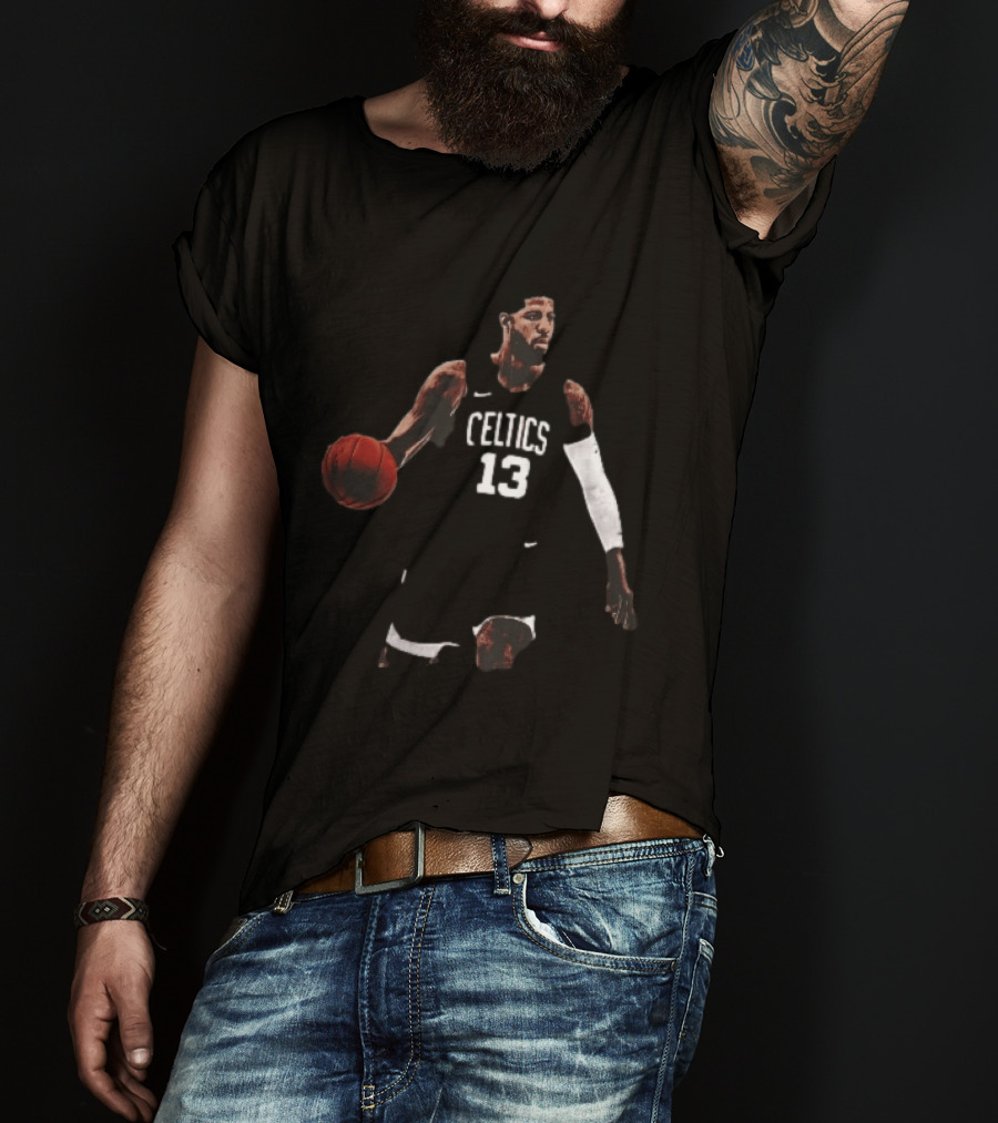 Boston Celtics 13 Bearded Basketball Player Dribbling Dark T-Shirt