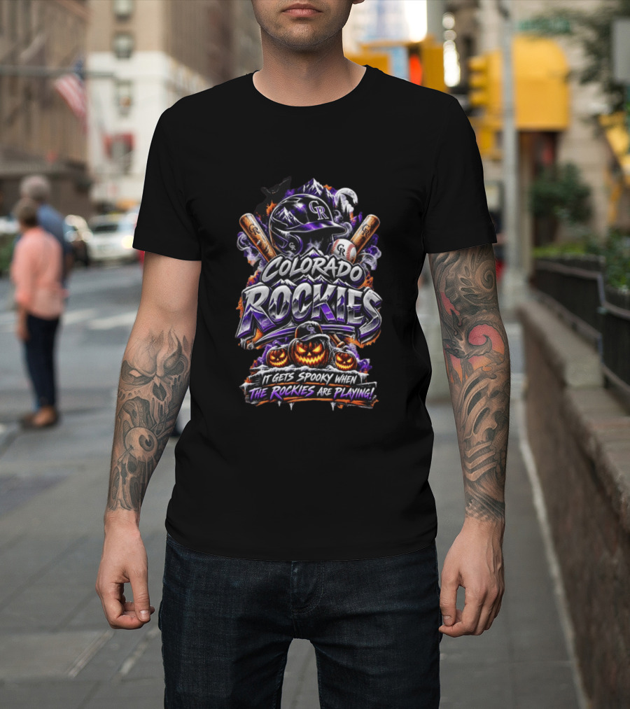 Colorado Rockies Spooky Halloween Baseball Theme With Bats And Pumpkin T-Shirt