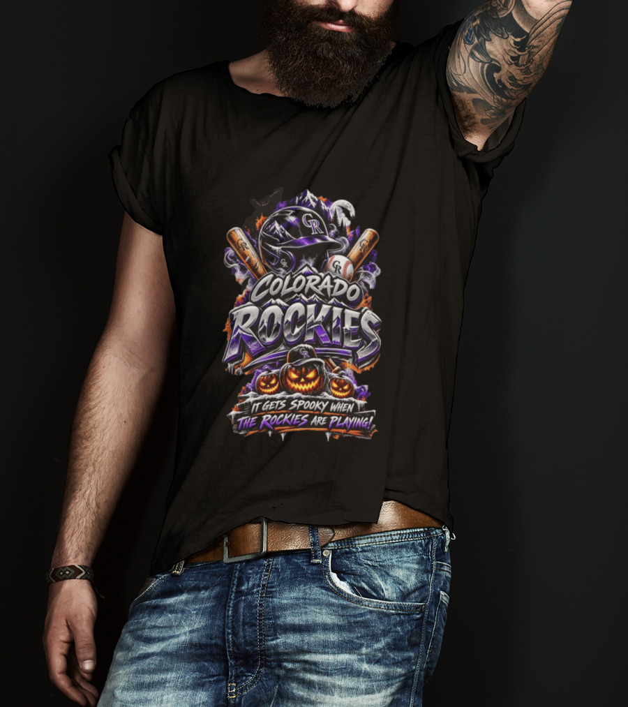 Colorado Rockies Spooky Halloween Baseball Theme With Bats And Pumpkin T-Shirt