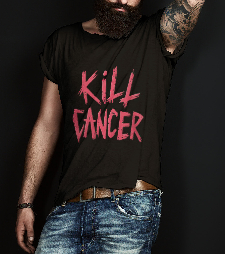 Kill Cancer Red Distressed Brush Stroke Lettering T-Shirt