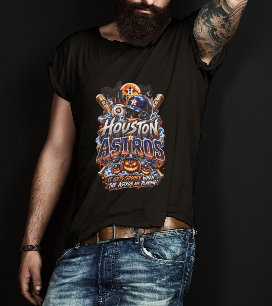 Houston Astros Halloween Spooky Theme With Pumpkins And Bats T-Shirt