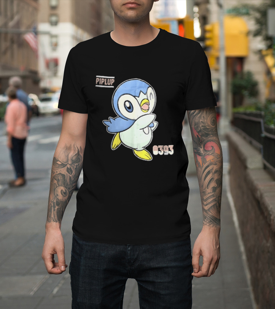 Piplup 0393 Cartoon Penguin Waving Paper Crease Sticker Yellow Feet T-Shirt