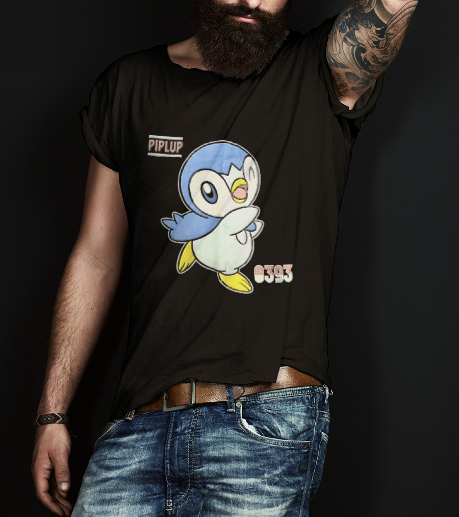 Piplup 0393 Cartoon Penguin Waving Paper Crease Sticker Yellow Feet T-Shirt