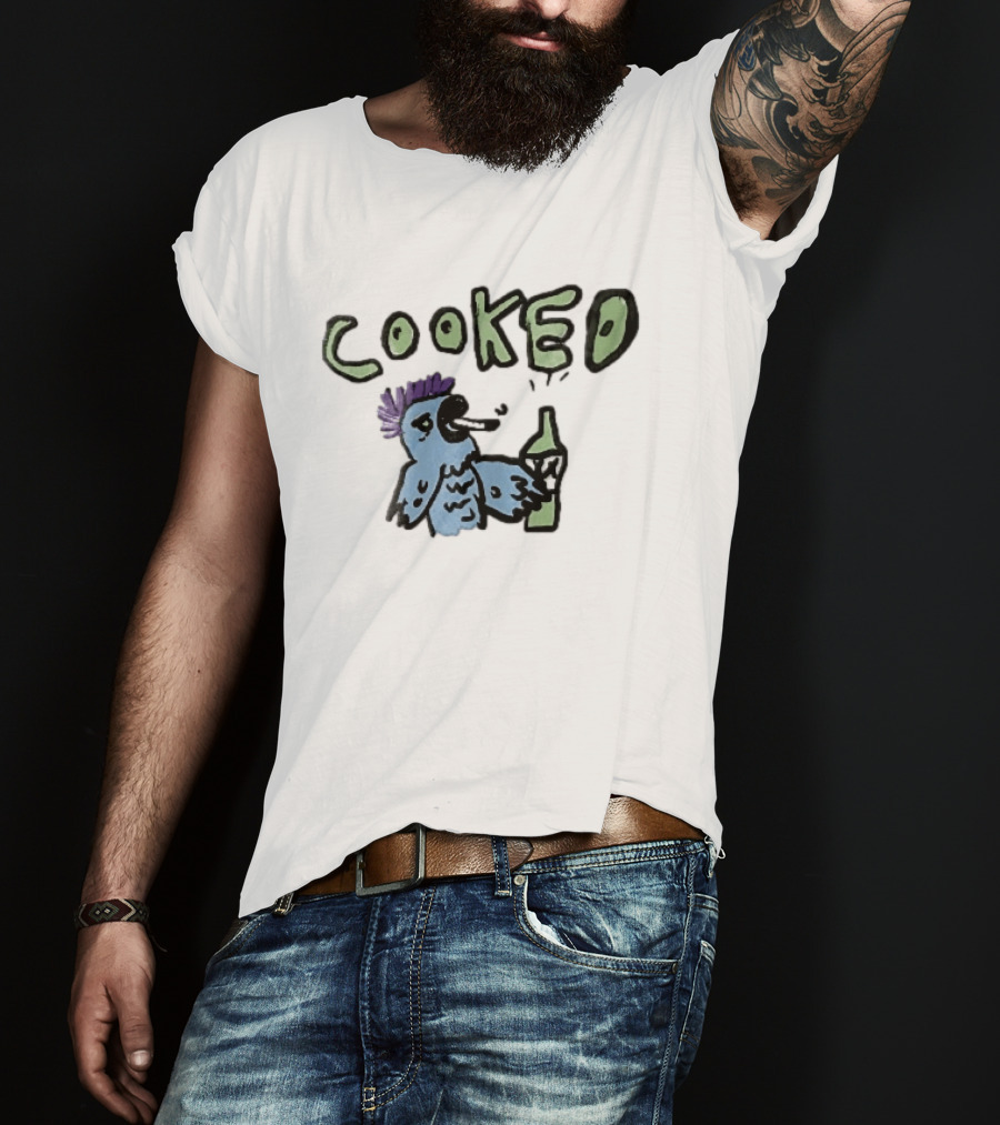 Cooked Cartoon Blue Parrot Smoking Cigarette Holding Alcohol Bottle T-Shirt