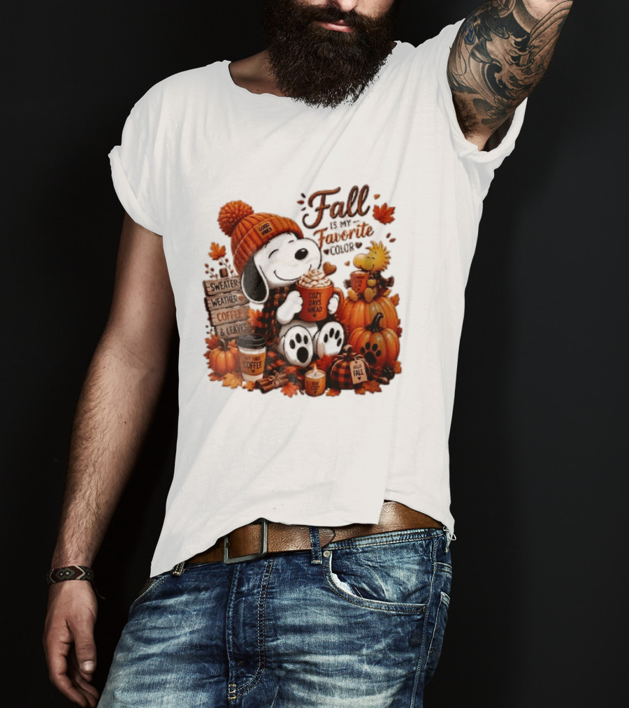 Fall Is My Favorite Color Sweater Weather Coffee Leaves Cozy Days Cartoon Dog Bird Pumpkins T-Shirt