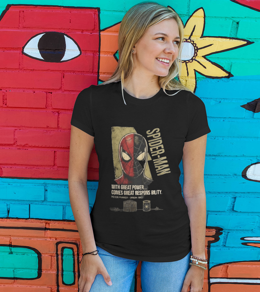 Spider Man With Great Power Comes Great Responsibility Peter Parker Origin 1962 Split Mask T-Shirt