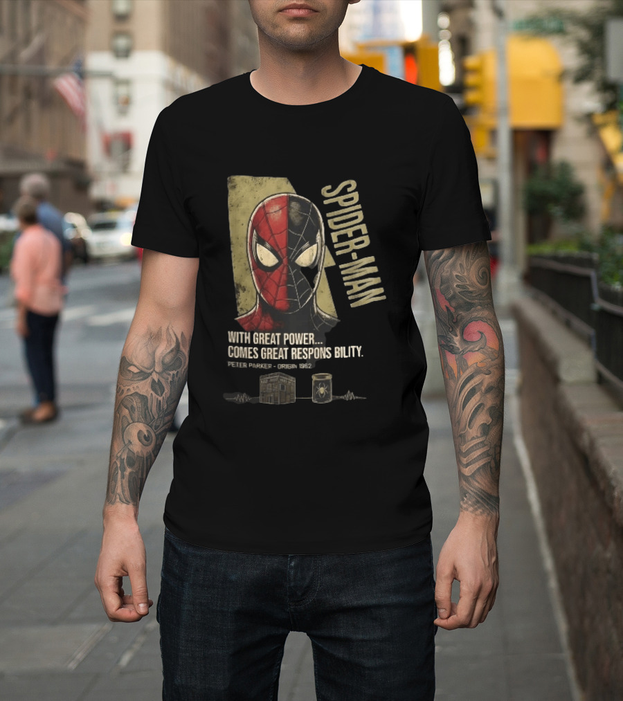 Spider Man With Great Power Comes Great Responsibility Peter Parker Origin 1962 Split Mask T-Shirt