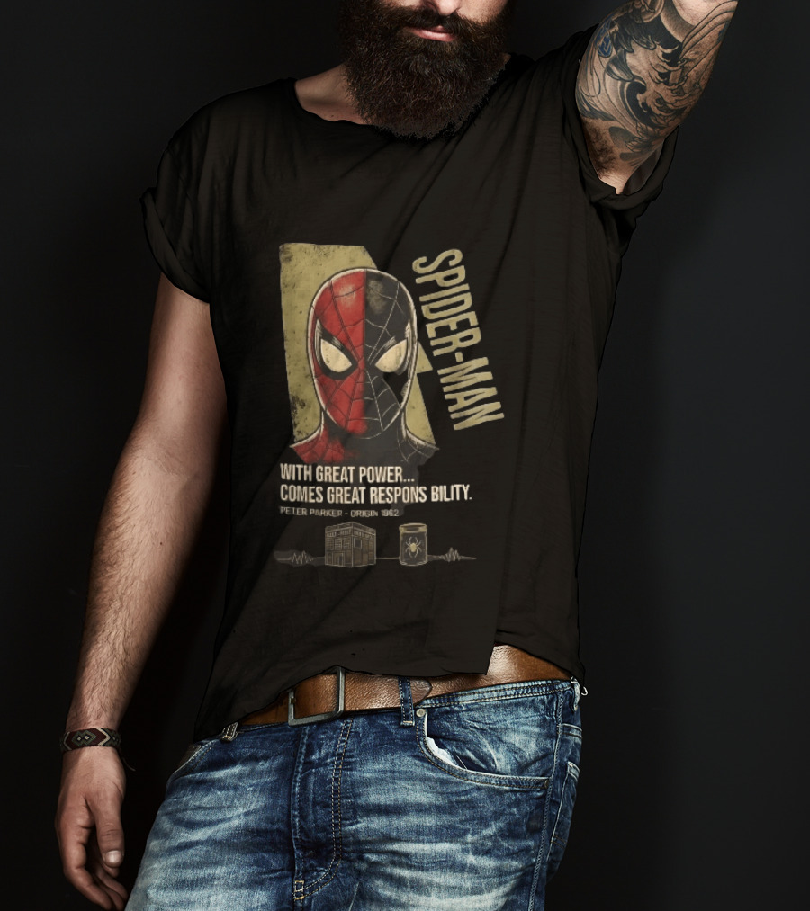 Spider Man With Great Power Comes Great Responsibility Peter Parker Origin 1962 Split Mask T-Shirt