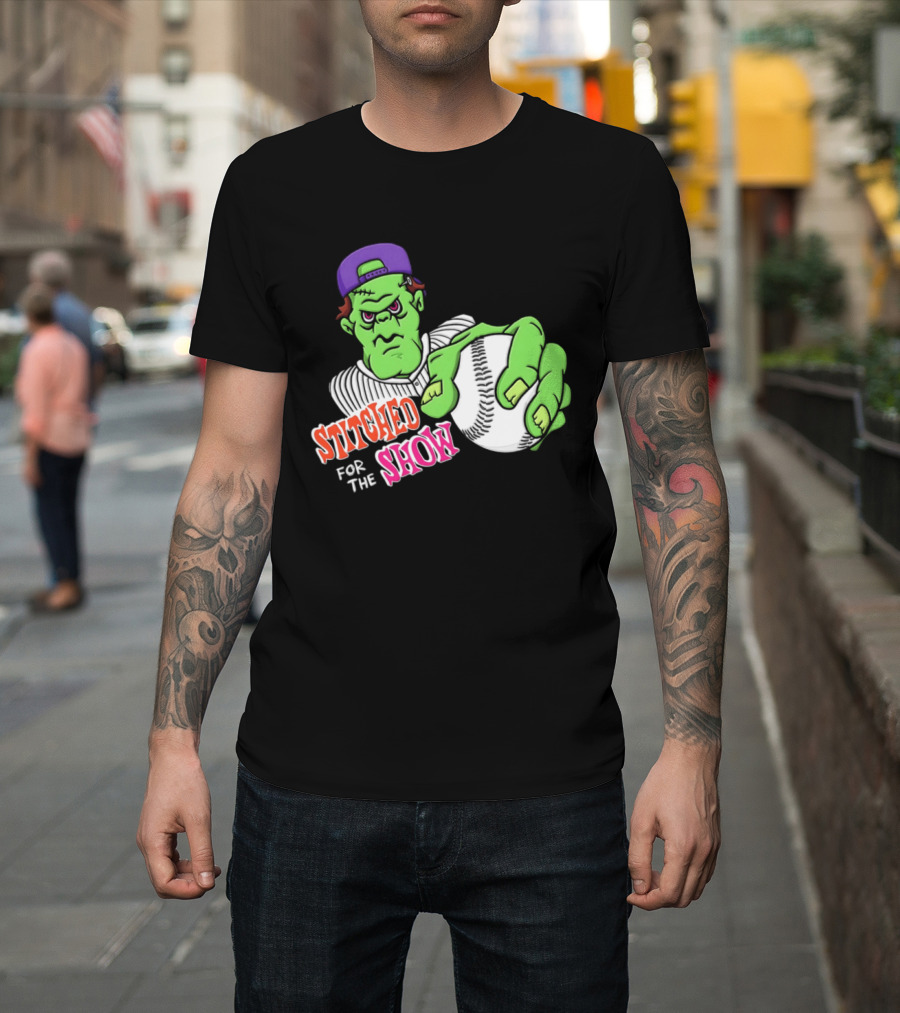 Stitched For The Show Baseball Monster Pitcher Cartoon T-Shirt