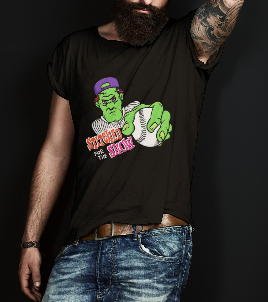 Stitched For The Show Baseball Monster Pitcher Cartoon T-Shirt